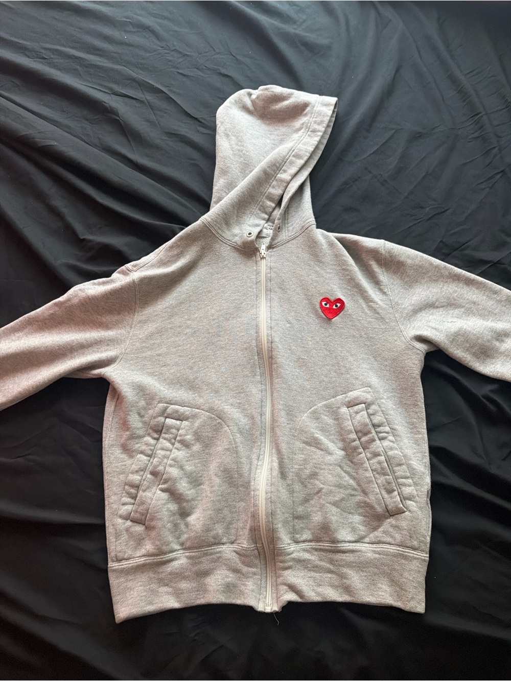 Comme des Garçons Gray Zip Hoodie with Red Heart Patch